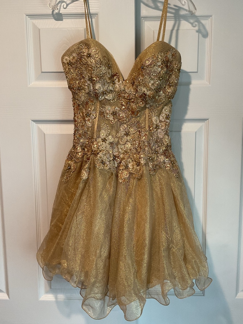 Jovani Vintage Gold Beaded Sequin Corset Mesh Mini Dress Gown Prom Wedding sz 6